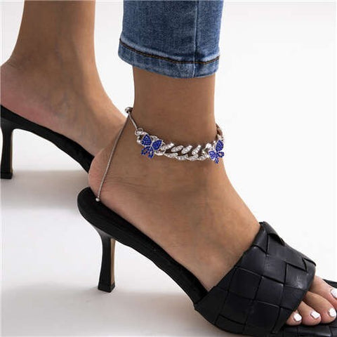 Bling Rhinestone Inserted Butterflies U.S. Fashion Women Wholesale Anklet - Silver with Blue