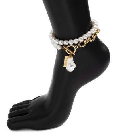 Unique Design Alloy Chain and Pearl Combo Double-layers Wholesale Anklet - Golden