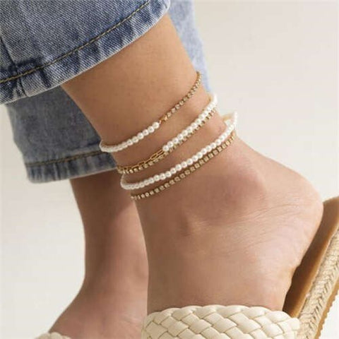 Mini Pearl and Alloy Chain Combo Multi-layers Women Beach Fashion Anklet - Golden